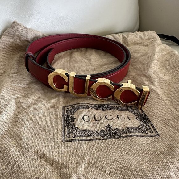 NEW GUCCI Plutone Calfskin Gucci Buckle 20mm Thin Belt 80 32 Rosso - Picture 3 of 9